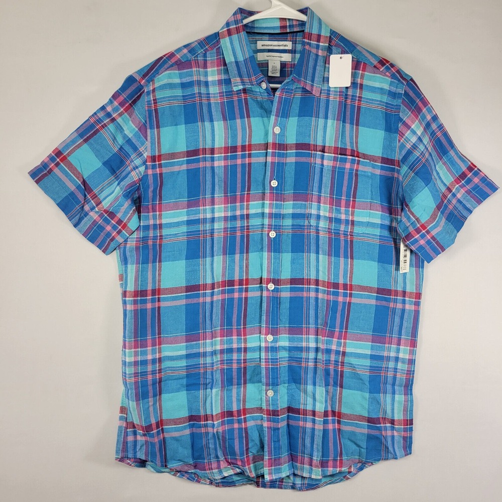 Amazon Essentials Mens Long Sleeve Button Down Blue‎ Checked Linen Blend Medium